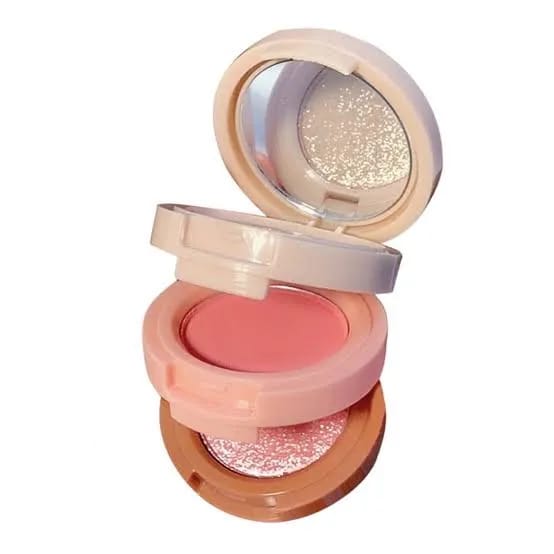 3-in-1 palette, glitter, powder, delicate powder, not easy to fly, pink and tender, multi-purpose palette Highlighter Blush Palette