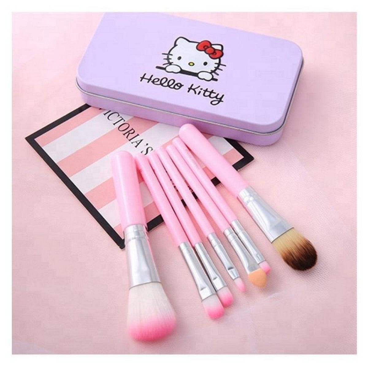 (Pack of 2) Hello Kitty Complete Makeup Mini Brush Kit with A Storage Box β Set of 7 Pieces