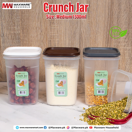 Household Crunch Jar Set – 1700ml, 1300ml, 850ml – Airtight Plastic Food Storage Container – Kitchen Organizer Jar for Snacks, Spices, Grains