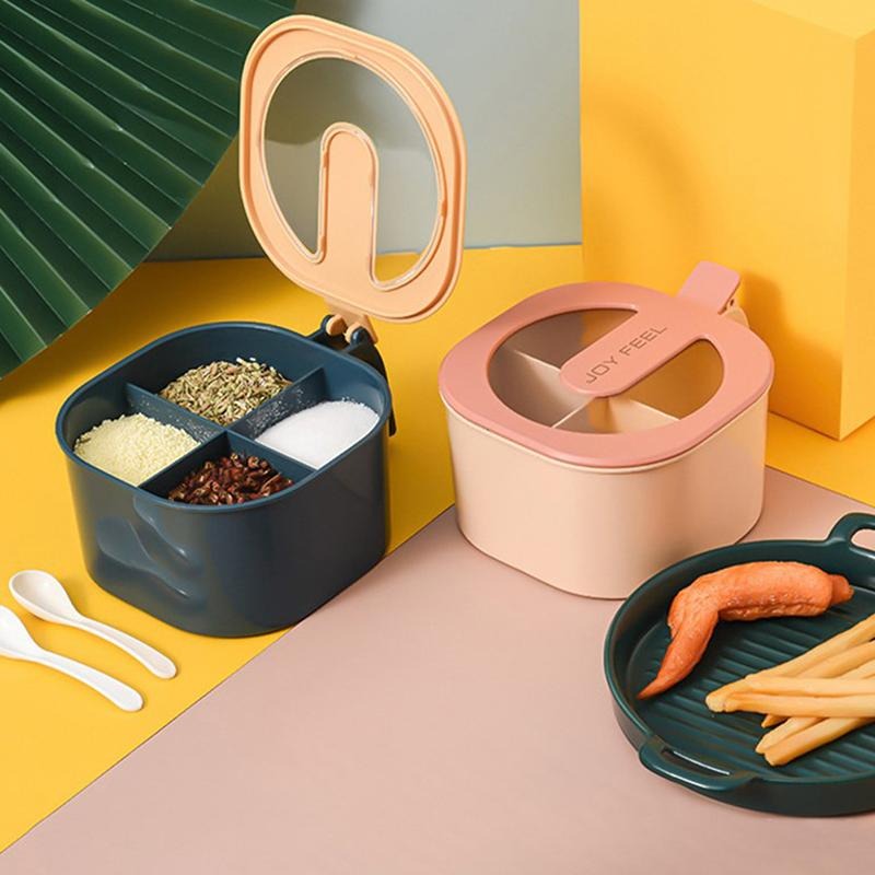 4 In 1 Partition Kitchen Seasoning Box Masala Box Set 4 Grid Portion Spice Jar Container Square Pepper Pot Box Spice Rack Kitchen Storage 4 Compartments Salt Box Achar Jar Dry Fruits Box Soup Spices