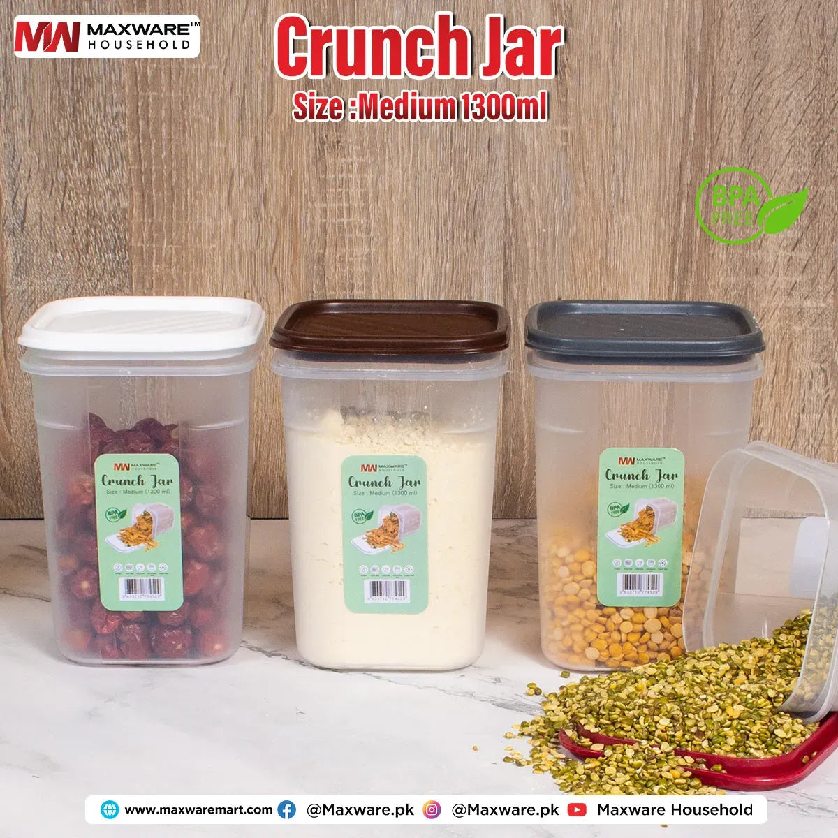 Household Crunch Jar Set – 1700ml, 1300ml, 850ml – Airtight Plastic Food Storage Container – Kitchen Organizer Jar for Snacks, Spices, Grains